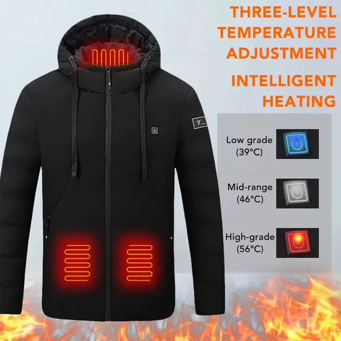 Veste chauffante 4 zones homme veste chauffante électrique imperméable à capuchon isolante en polyester pour activités hivernales et sorties quotidiennes