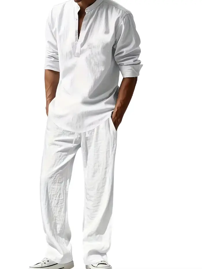 Ensemble de costume en lin blanc pour homme chemise Henley à manches longues pantalon à taille élastique confortable et décontracté pour l'été faire du shopping occasions spéciales