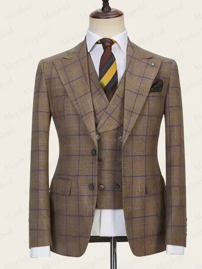 Costume trois pièces à carreaux marron pour homme, élégant, ajusté, personnalisable pour affaires et événements spéciaux