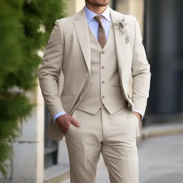 Costume beige homme xomoflag 3 pièces veste gilet pantalon élégant pour marié bal de promo soirée de gala