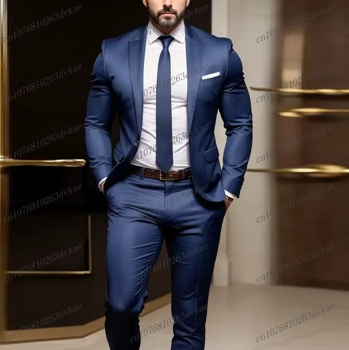 Nouveau bleu marine acétate Satin hommes costume fête bal spécial affaires marié marié mariage mâle 