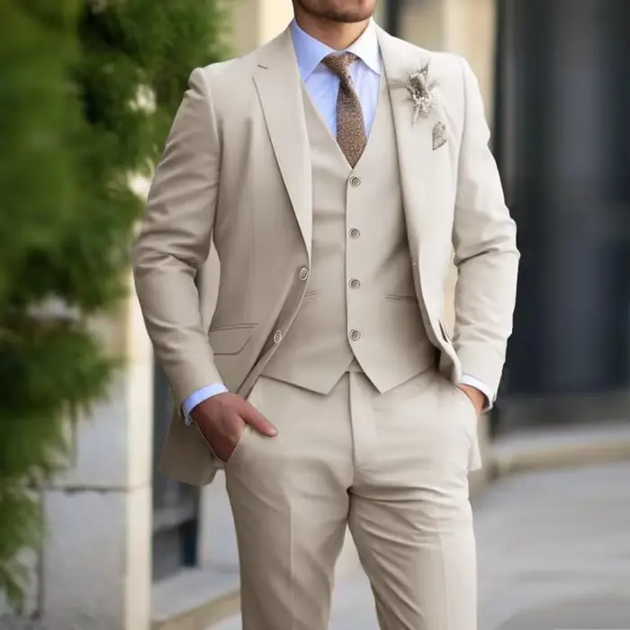 Costume beige de trois pièces pour homme, blazer slim fit, glapants, ensemble formel, idéal pour mariage et événements professionnels