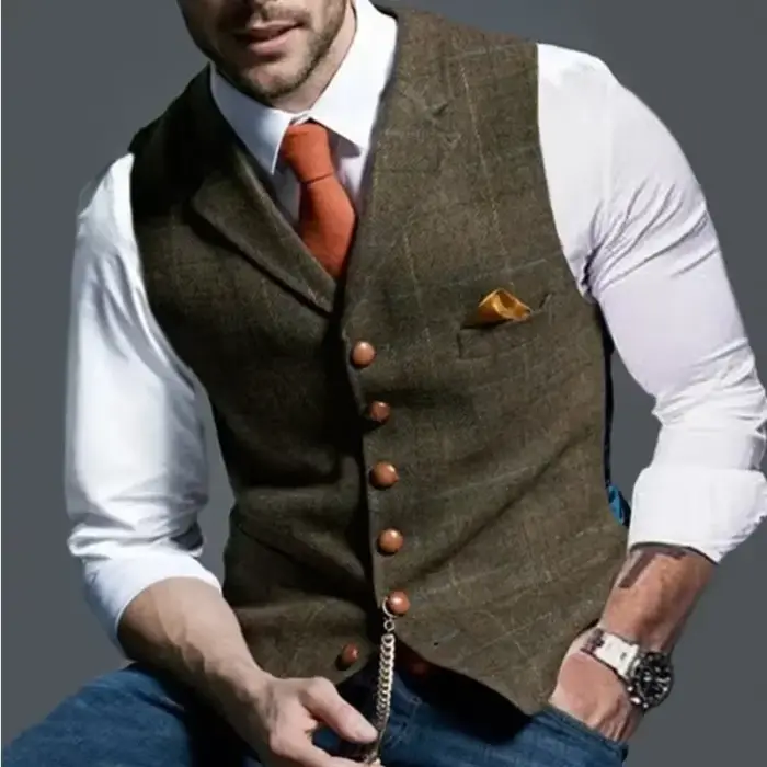 Gilet formel en tweed pour homme avec revers col en V et motifs plaids, idéal pour les costumes d'affaires et les occasions spéciales